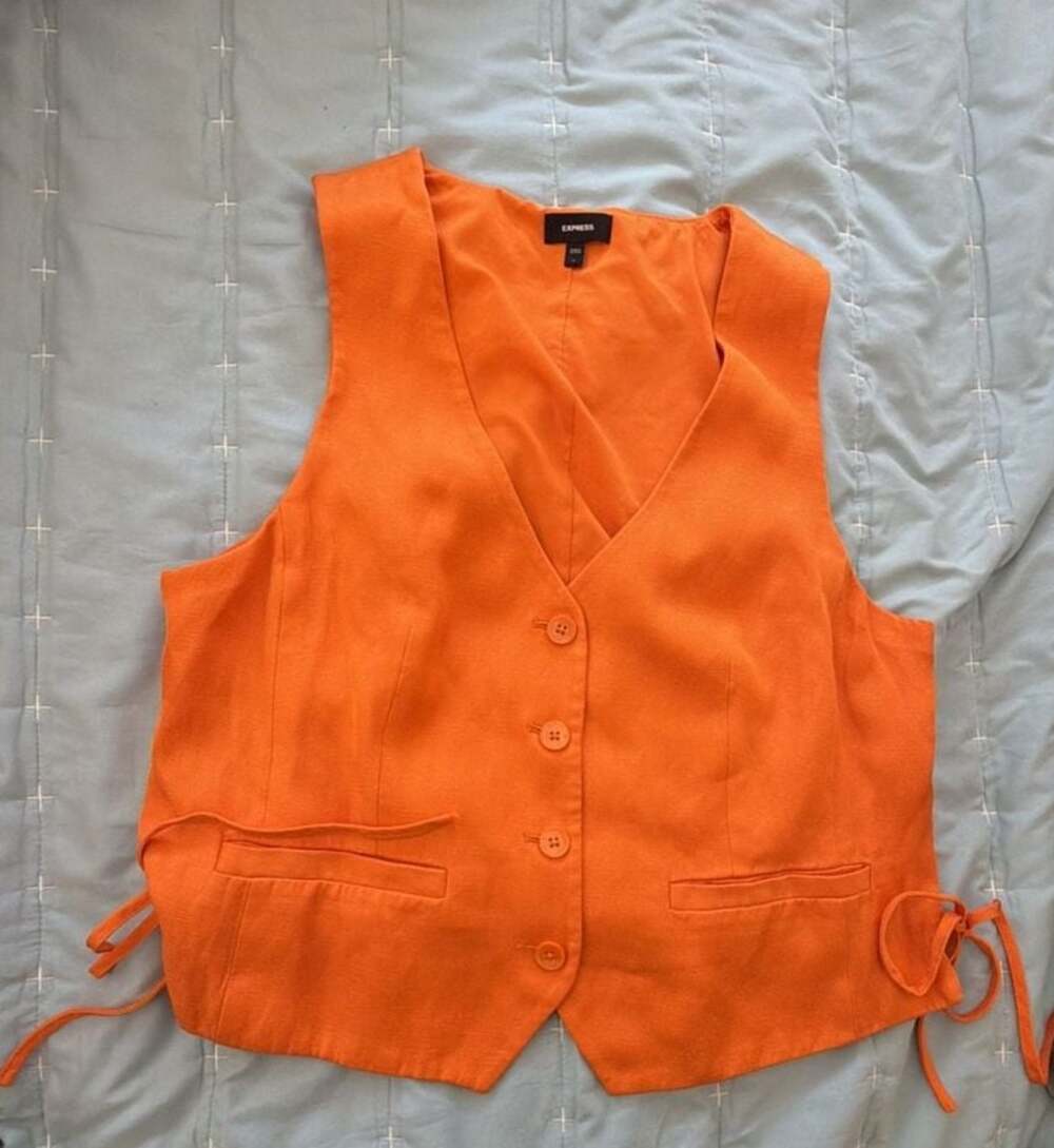 Express Women's Orange Sleeveless Button-Down Suit Vest with Side Tie Detail